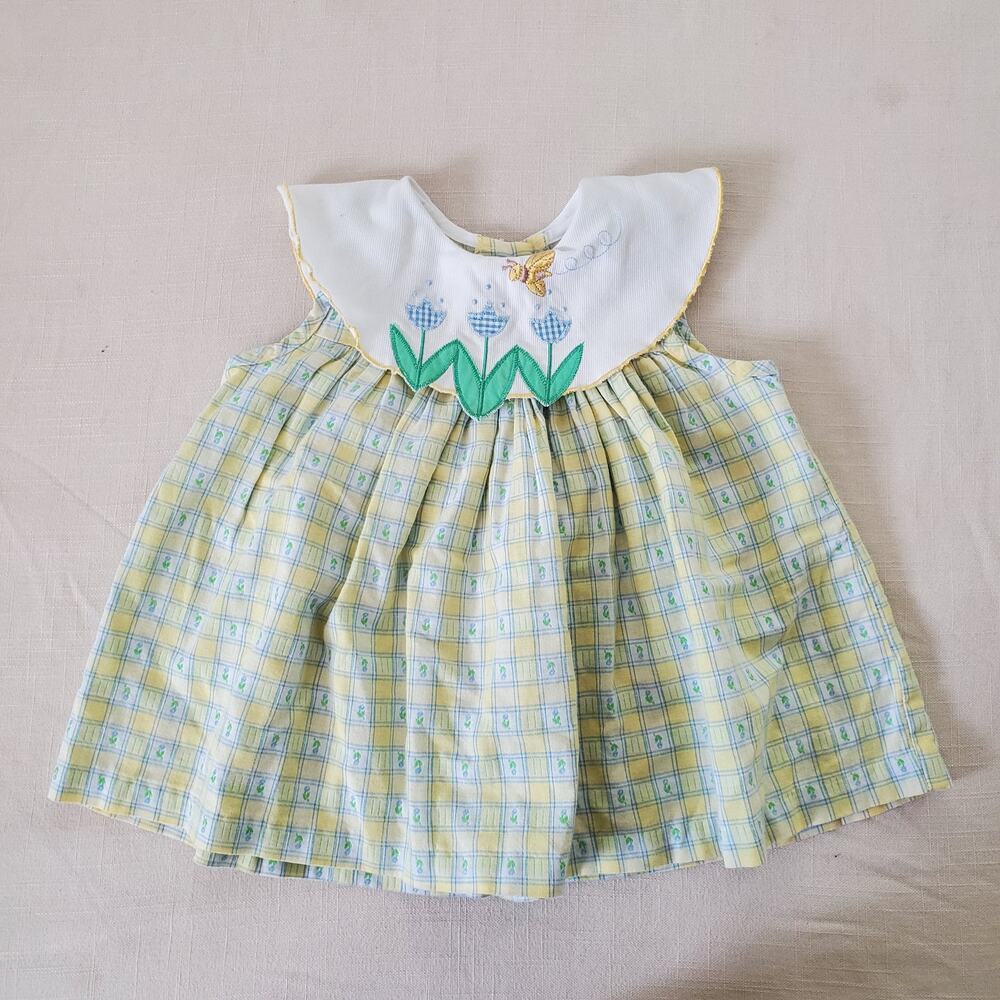 Vintage Floral + Green Plaid Dress/Top 12 months/3t